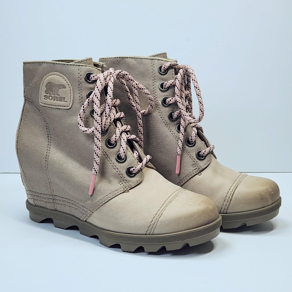 Sorel Boots Womens Size 8.5 Beige Canvas Leather Lace Up Wedge Ankle Booties